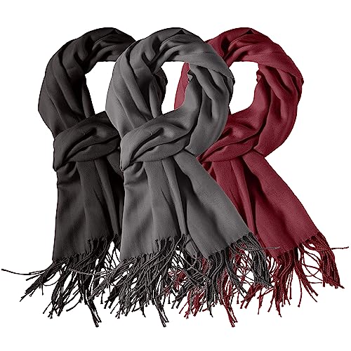 3 Pack Scarves for Women Silky Pashmina Shawls and Wraps Gifts for Women Mom Girlfriend Birthday Anniversary Valentines (3 Pk Black, Wine, Grey)