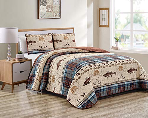 River Fly Fishing Themed Rustic Cabin Lodge Quilt Stitched Bedspread Bedding Set with Fishing Rods Lure with Southwestern Tartan Check Plaid Tweed Patterns Blue Brown - River Lodge (Full / Queen)