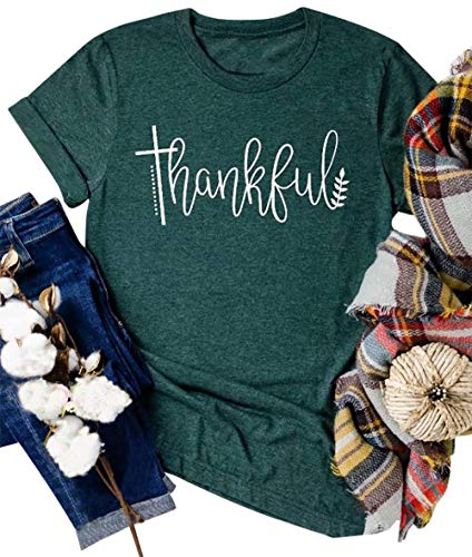 JEALLY Thanksgiving Tshirts Women Thankful Graphic Letter Print T-Shirt Casual Short Sleeve Tee Tops Green