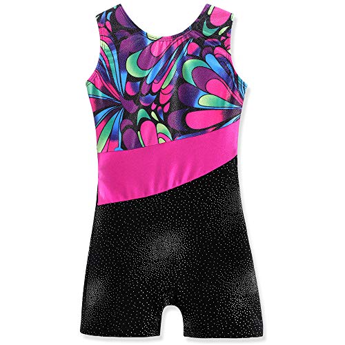Leotards for Girls Gymnastic with Shorts size 7 8 Ballet Dance Outfit Sparkle Flowers Pattern Sleeveless Biketards Hotpink Black (Assorted Colors, 7-8 Years)