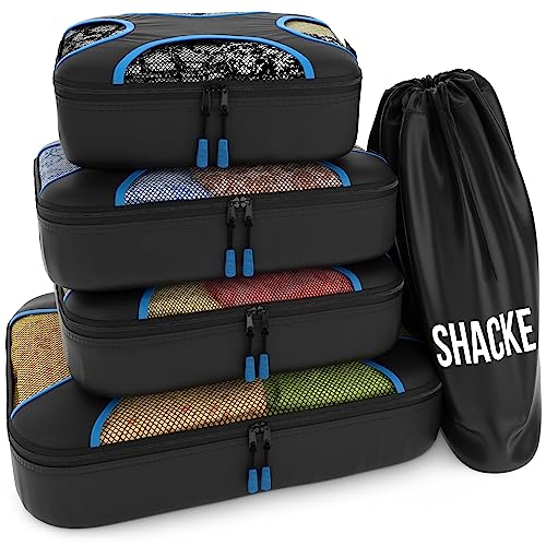 Shacke Pak - 5 Set Packing Cubes - Travel Organizers with Laundry Bag (Black/Blue)