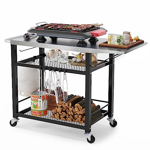 LUE BONA 43.3'W x 19.7'D Outdoor Grill Cart Table with Foldable Side Table, Movable Pizza Oven Stand for Outside Patio, Three-Shelf Stainless Steel Flattop Outdoor Cooking Prep Table with Wheels