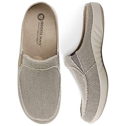 Plantar Fasciitis Slippers for Men with Arch Support, Canvas Orthotic Slipper for Men with Suede Insole and Velvet Lining, Slip on Clog House Slipper with Indoor Outdoor Anti-Skid Rubber Sole, Beige