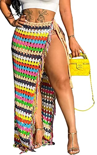 Mintsnow Women Sexy Tassel High Slit Crochet Sarongs Wrap Coverup Summer Knit See Through Maxi Skirts Beach Swimsuit XL