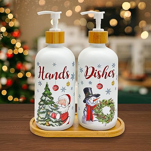 Christmas Soap Dispenser, Christmas Kitchen Decor, Christmas Snowman Satan Glass Soap Dispenser for Kitchen Countertop, Christmas Kitchen Decorations, Refillable Hand Soap Dispenser with Pump