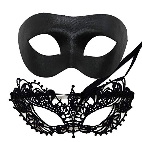 IDOXE US Size Masquerade Mask For Couples Venetian Halloween Costume Ana Lace Masks Women's Mens Adults Party Prom Ball Decor (Black)