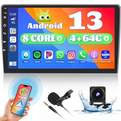 Fuluku【8 Core 4+64GB】Android 13 Carplay Stereo Double Din Car Radio with Wireless Carplay Android Auto, 9 Inch 1280*720 IPS Touchscreen Head Unit Radio GPS WiFi Bluetooth, 32EQ DSP FM, Backup Camera