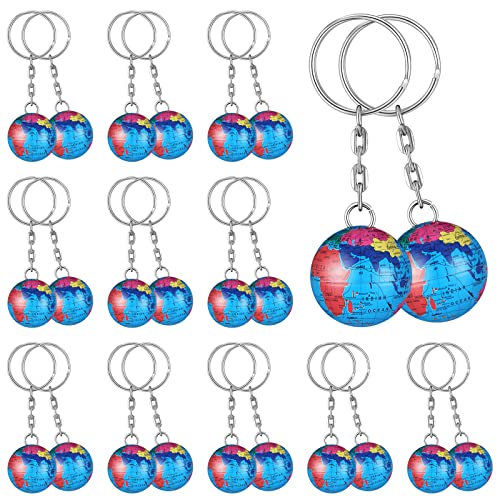 Oudain 24 Pcs Colorful Globe Keychains Bulk, Planet Earth Keyrings Toy Ball Keyring Pendant for Backpack Kids Traveler School Educational Tool