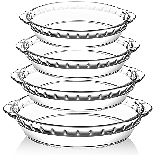 4 Packs Glass Pie Plates, MCIRCO Deep Pie Pans Set (7'/8'/9'/10'), Pie Baking Dishes with Handles for Baking and Serving, Clear