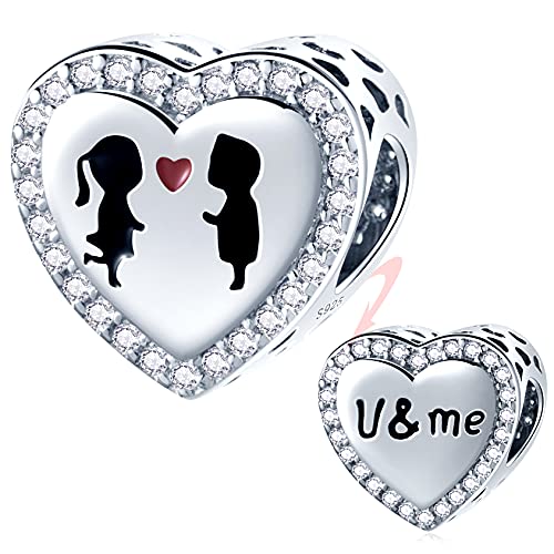 U and Me Lover Heart Charms with CZ, fits Pandora Valentines Day Bracelet, 925 Sterling Silver Boy and Girl I Love You Beads, Gift for Girlfriend/Boyfriend/Couple/Bride/Wife