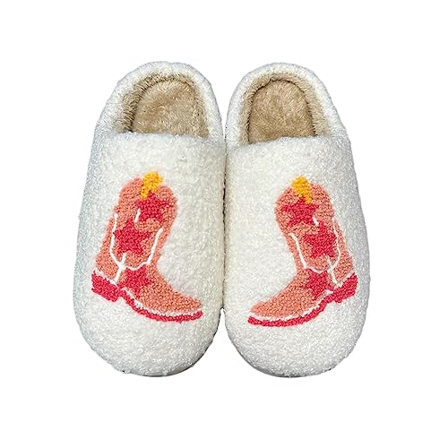QQGB Women Retro Cowgirl Cowboy Boots Slippers Plush Embroidered Cowgirl Hat Slippers Winter Cozy Warm House Shoes Indoor Outdoor Boots-43-44