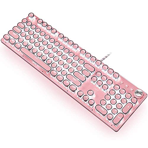 CC MALL Gaming Keyboard,Retro Punk Typewriter-Style, Blue Switches, White Backlight, USB Wired, for PC Laptop Desktop, Stylish Pink Mechanical Keyboard (Round Keycaps)