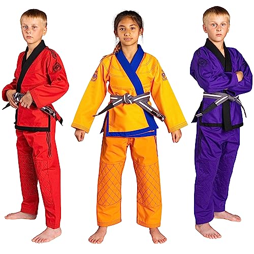 KO Sports Gear – Kids Gi Uniform Set, BJJ Jiu Jitsu Gi, Kimono and Pants, Pre-Shrunk (Orange, M3)