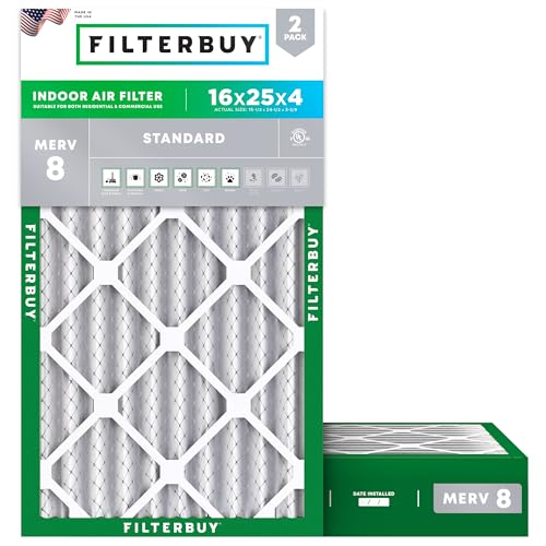 Filterbuy 16x25x4 Air Filter MERV 8 Dust Defense (2-Pack), Pleated HVAC AC Furnace Air Filters Replacement (Actual Size: 15.50 x 24.50 x 3.63 Inches)