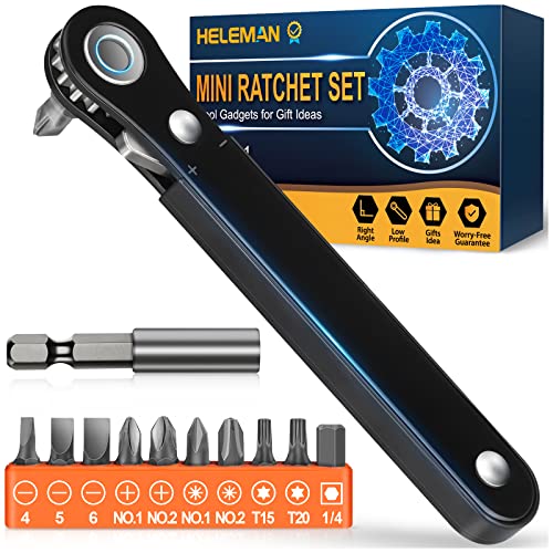Stocking Stuffers Right Angle Screwdriver - Mini Ratcheting 90 Degree Offset Screwdriver Bit Set EDC Gear Pocket Screwdriver Low Profile Ratchet for Tight Space Sewing Machine Tool Gifts for Men Women