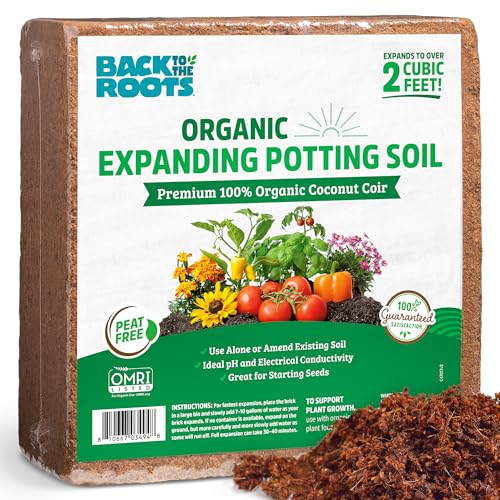 Back to the Roots Organic Potting Soil 10lb Coco Coir Expands to 15 Gallons (2 cu ft / 51.4qt) All Purpose pH Balanced Brick for Indoor Growing, Seed Starting