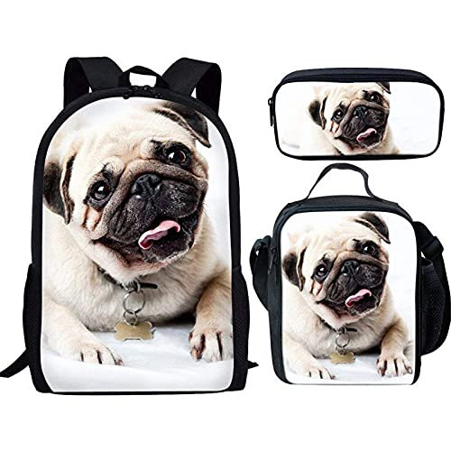 TOADDMOS 3D Pug Dog School Backpacks Teens Boys Girls Bookbags Set 17 Inch Laptop Backpacks Kids School Book Bag for Middle School Student with Lunch Box and Pencil Case