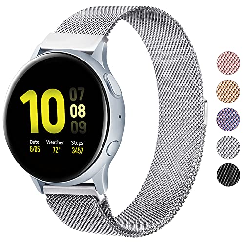 Wanme Metal Bands for Samsung Galaxy Watch Active 2 Band, Galaxy Watch 4 / Galaxy Watch 4 Classic, Galaxy Watch 5 / 5 Pro Bands, Galaxy Watch 3 41mm / Galaxy Watch 42mm, 20mm Stainless Steel Replacement Strap for Galaxy Active 2 Bands Women Men (Silver)