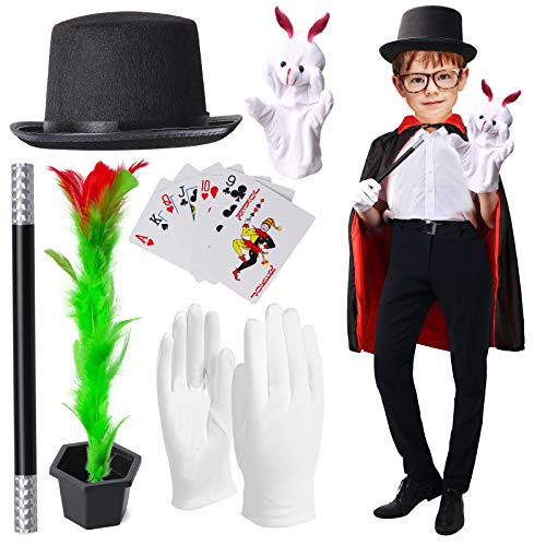 Yewong Kids Magician Pretend Play Dress Up Set with Accessories,Magician Cloak Cape Top Hat Wand Gloves Rabbit Puppet Magic Tricks Kit, Magician Role Play Set