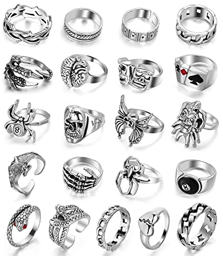 Silver Goth Punk Vintage Rings Set For Men Women Girls, Stackable Joint Finger Statement Rings Bohemian Retro Hollow Carved Midi Rings, Cool Snake Spider Joker Skull Y2k Gothic Bulk Ring Pack