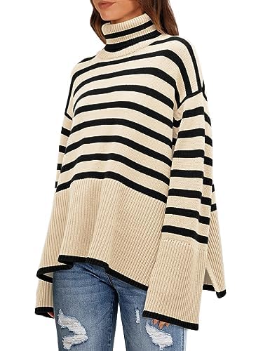 LILLUSORY Women's Striped Oversized Turtleneck Sweaters Dress Knit Tunic Pullover Sweater Top Winter Clothes Fall