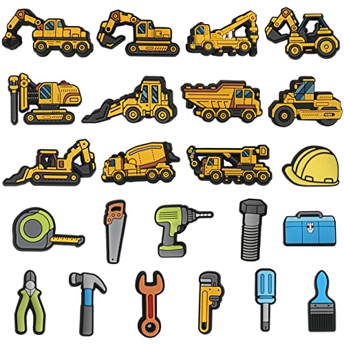 Mortd Construction Shoe Decoration Charms, 23 PCS Excavator Bulldozer Truck Helmet Shoe Charm for Shoe Wristband Clog Sandals Decor, PVC Shoe Charm Accessories for Party Favor Holiday Birthday Gifts