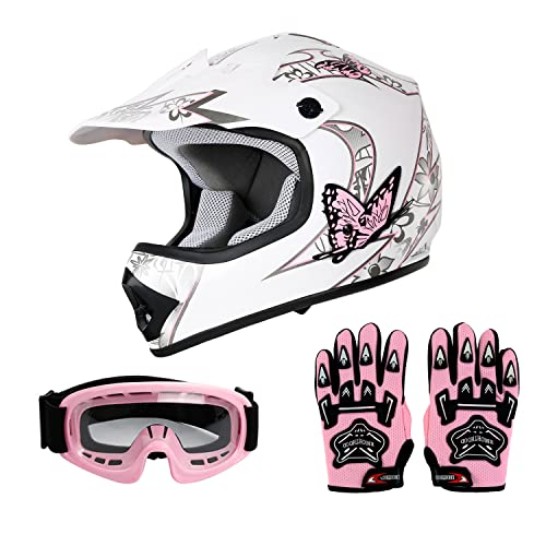 SLMOTO Dot Youth Kids Helmet Motocross Offroad Street Helmet Motorcycle Helmet Dirt Bike Motocross ATV Pink Butterfly Design Helmet+Goggles+Gloves
