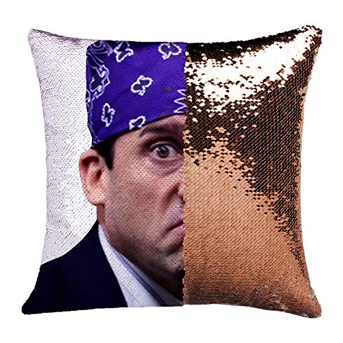 K T One The Office Dwight Mask Mermaid Sequins Pillow Cover, Magic Reversible Throw Pillow Case Without Insert Change Color Decor Pillowcase 16x16 Inches (Prison Mike+ Gold)