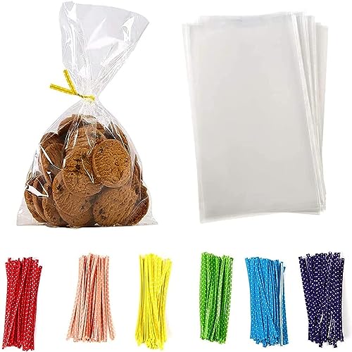 Brandon-super 100 Pcs 8 in x 6 in Clear Flat Cello Cellophane Treat Bags Good for Bakery,Popcorn,Cookies, Candies,Dessert, Birthday 1.4mil.Give Metallic Twist Ties!