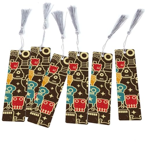 6 Pcs Vintage Robots and Monsters Pattern Bookmark, Page Markers with Tassels for Women Kids Students Teachers Reading