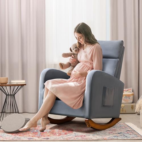 AVAWING Glider Rocking Chair, Upholstered Rocker for Nursery with Solid Legs and Side Pockets, High Back Armchair for Living Room Bedroom (Gray)