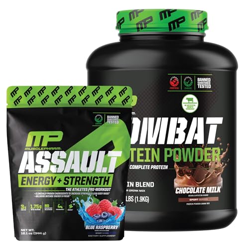 Muscle Pharm Combat 4lb Chocolate Protein and MusclePharm Assault Blue Raspberry Pre-Workout