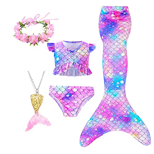 Mermaid Tails for Swimming for Girls Kids Swimsuit Swimwear Bikini for 3-12 Year Old (No Monofin) (DZ16-G,130)