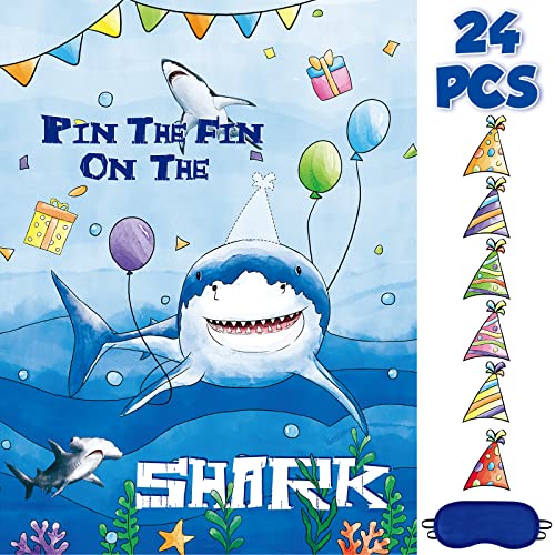 Pin The Fin on The Shark Party Games - Ocean Party Supplies for Kids Boys Girls 21’’ x 28’’ Shark Game Poster with 24 Pcs Reusable Stickers for Birthday Family Classroom Activities