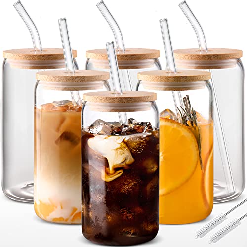 Glass Cups with Lids and Straws 6pcs,Iced Coffee Cups with Lids 16oz-DWTS Cute Tumber,Beer Drinking Glasses,Clear Tea Cup with Bamboo Lids for Gifts