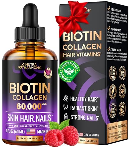 Liquid Biotin & Collagen - Vitamins for Hair Growth Support for Women & Men - Extra Strength 60000 mcg Drops - B7 Supplement - Strong Nails & Healthy Skin - 98% Faster Absorption Than Pills