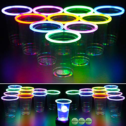 GLOWPONG All Mixed Up Glow in The Dark Beer Pong Game Set for Indoor Outdoor Nighttime Competitive Fun, 24 Multi-Color Glowing Cups, 4 Glowing Balls, 1 Ball Charging Unit Makes Every Shot Glow