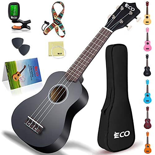 iECO Soprano Ukulele Beginner Kit for Kids Adults 21 Inch Ukelele w/Case Strap Tuner Strings Picks (Black)