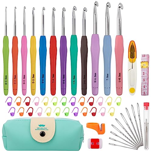 MECHEER Crochet Hooks 12 Sizes Crochet Hook Set, 51 Pack Yarn Crochet Kit for Beginners, Knitting Needles with Ergonomic Handles for Arthritic Hands, Crochet Needle Kit with Blue Case for Crocheters