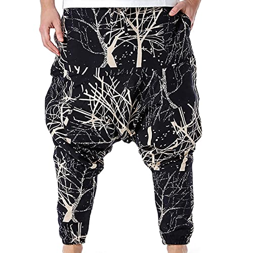 Men Cargo Pants with Pockets Joggers Men's Pants Fashion Print Lace-Up Elasticated Drop Crotch Wide Leg Baggy Pants Classic Fit Beam Feed Trousers Black L