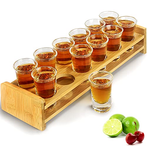 Supwinnet Shot Glasses Set 12pcs 30ml/1oz Shot Glass Tray Holder Organizer Straight Thick Base Clear Whiskey Tequila Glass Cups for Liqueurs Party Club Home Bar Drinking (Set of 12)