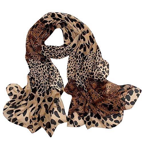Tomppy Women Leopard Print Scarf Ladies Multi-Purpose Chiffon Shawl Wrap Neckerchief (160x60cm/63x23.6', Coffee)