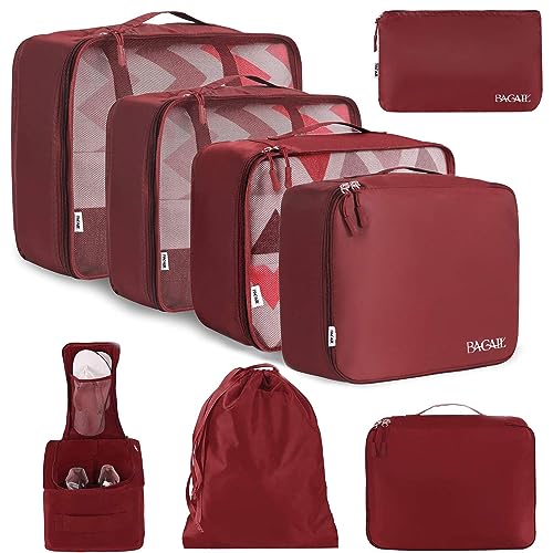 BAGAIL 8 Set Packing Cubes Luggage Packing Organizers for Travel Accessories-Wine Red