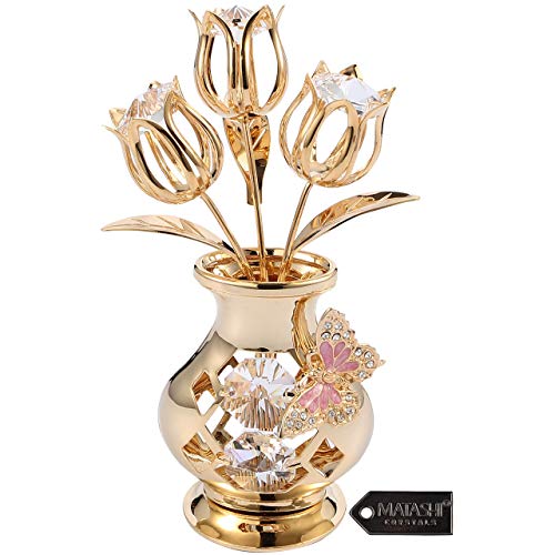 Matashi 24K Gold Plated Crystal Studded Flower Bouquet in Vase w/Decorative Butterfly Table top Ornament Gift for Mom, Daughter, Grandma | Home Decor for Her