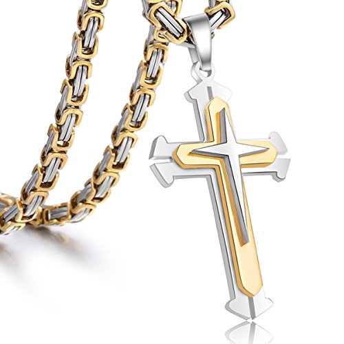 Trendsmax Cross Pendant Necklace Mens Boys Stainless Steel Gold Silver Byzantine Chain 22inch