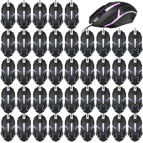 Sratte 30 Pack Black USB Wired Mouse Bulk 1200 DPI RGB Optical Computer Mouse 3 Button 7 Color LED Backlit Gaming Mouse Wired Office Mouse Ergonomic USB Computer Mouse for Desktop Laptop Gamer