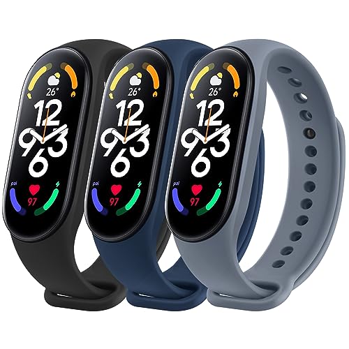 Wanme Bands Compatible with Xiaomi Mi Band 7 Replacement Strap Women Men, Soft Silicone Sport Strap for Xiaomi Mi Band 7 Bands Wristband Accessories (Black+Navy Blue+Blue Gray)