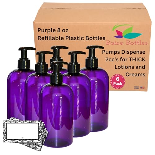 Baire Bottles 8 oz Empty Refillable Plastic Pump Bottles Dispenser for Thick Products 6 Pk, PET BPA Free, Refillable Shampoo Lotion Soap Waterproof Labels USA (Purple with Black Pump, Damask Labels)