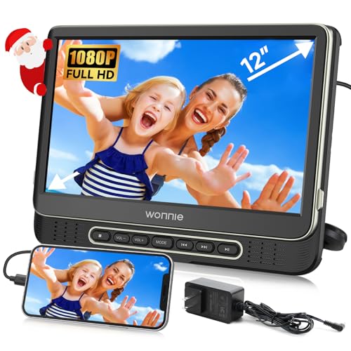 WONNIE 12' Headrest DVD Player Portable for Car, Support 1080P/MP4 Video with HDMI Input/Output, Mounting Bracket, AC Adapter, Car Charger, AV Out, USB Card Reader, Last Memory