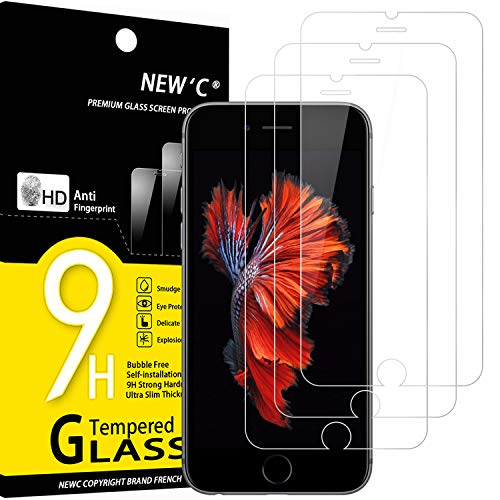 NEW'C Pack of 3, Glass Screen Protector for iPhone 6, 6s (4.7'), Bubble-Free, 9H Hardness, 0.33mm Ultra Transparent, Ultra Resistant Tempered Glass iPhone 6, 6s (4.7')